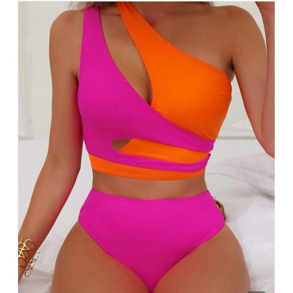 Two Piece Bikini Set Women's S Pink Orange High Rise Strappy Cutout Beach NEW